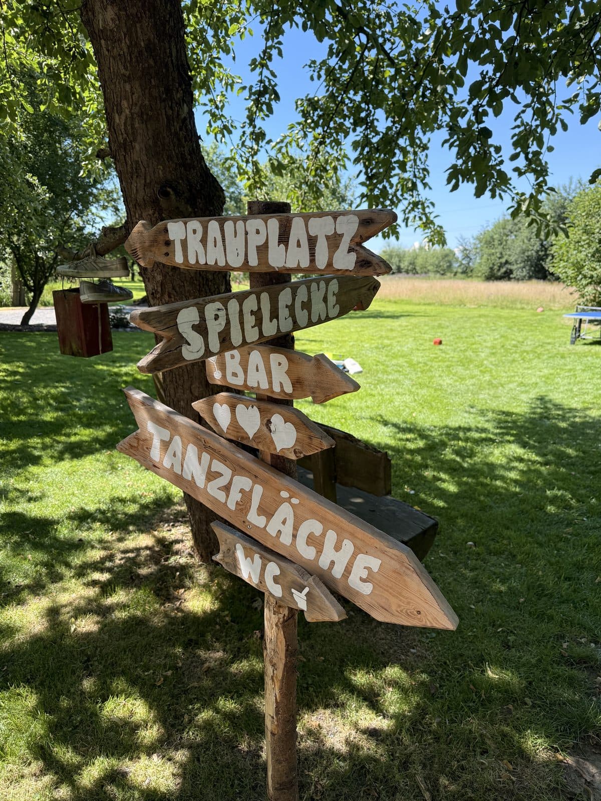 Handgemalter Holzwegweiser im Garten von Gut Schöneworth mit Schildern zu Trauplatz, Spielecke, Bar, Tanzfläche und WC
